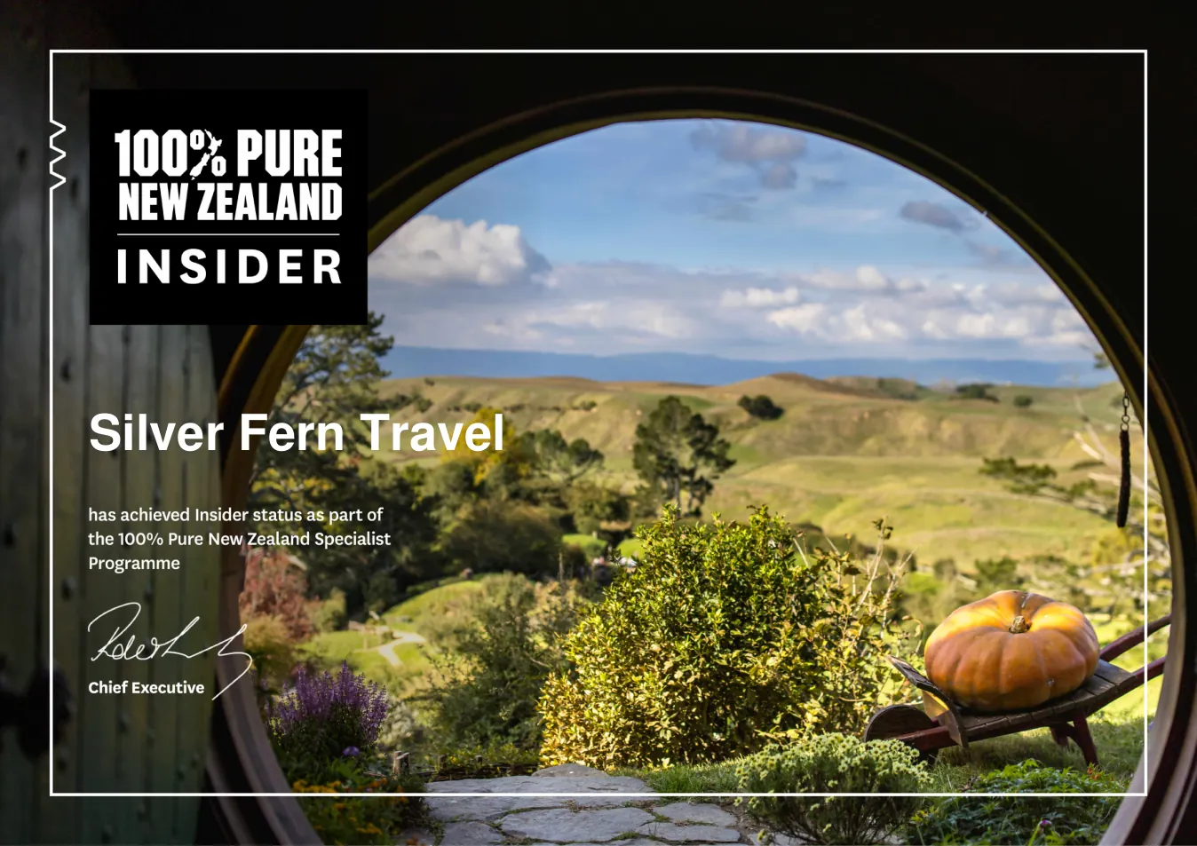 100% Pure New Zealand Insider certificate awarded to Silver Fern Travel by Tourism New Zealand
