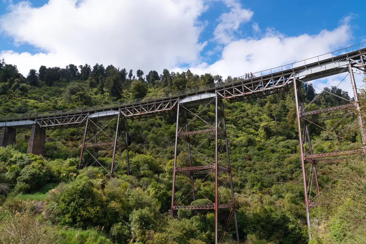 Historic rail viaduct in native bush on the volcanic plateau south of Lake Taupo