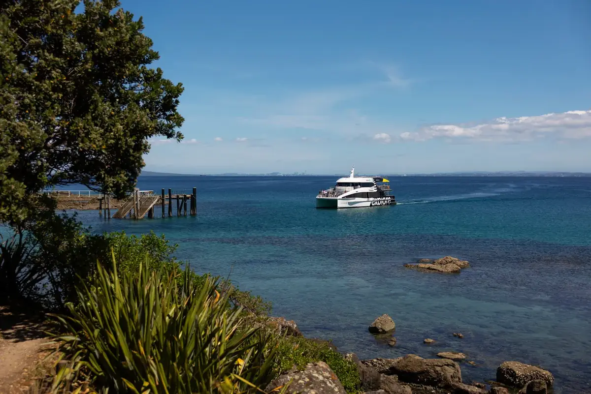 A passenger ferry at a bush-lined island wharf on a blue day