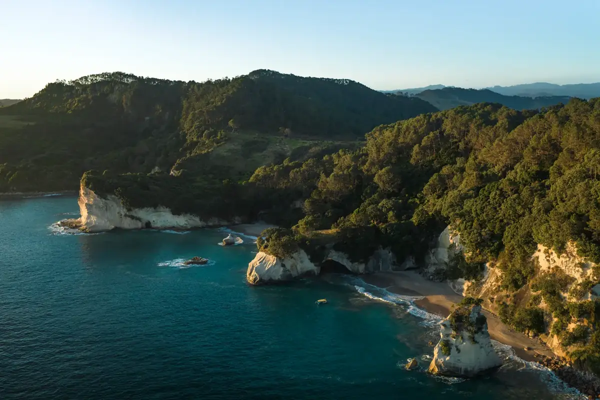 The coves and headlands of the Coromandel coast near Whitianga from above at dusk