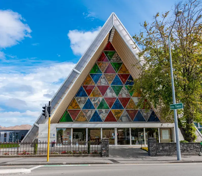 The stained glass front of the Transitional Cardboard Cathedral in Christchurch