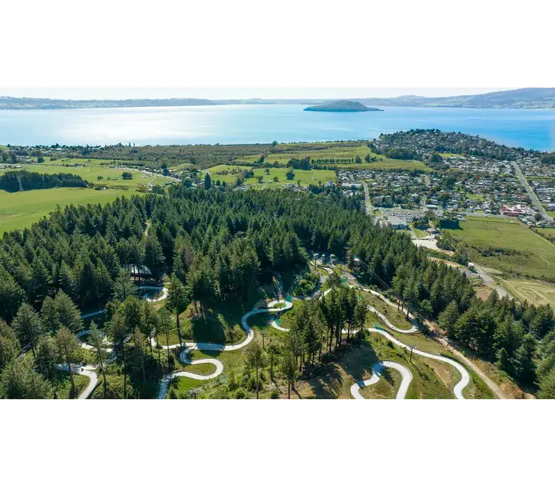 Aerial view over Rotorua and its lake from the Skyline ridge