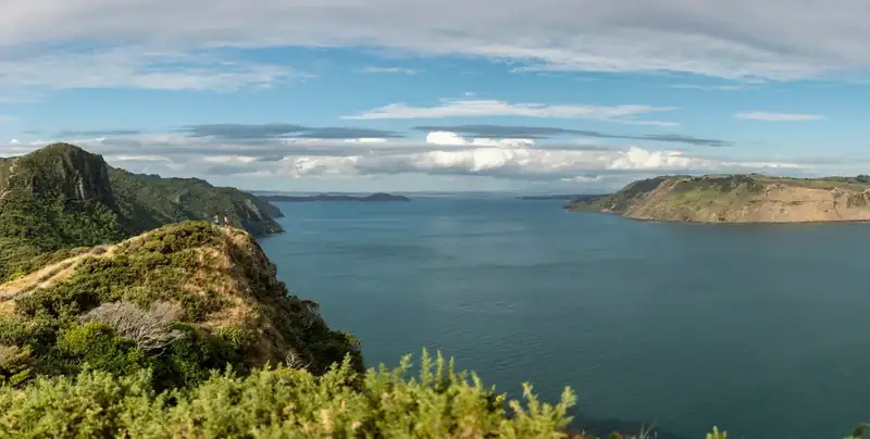 A green headland dropping to wide blue water on the southern coast